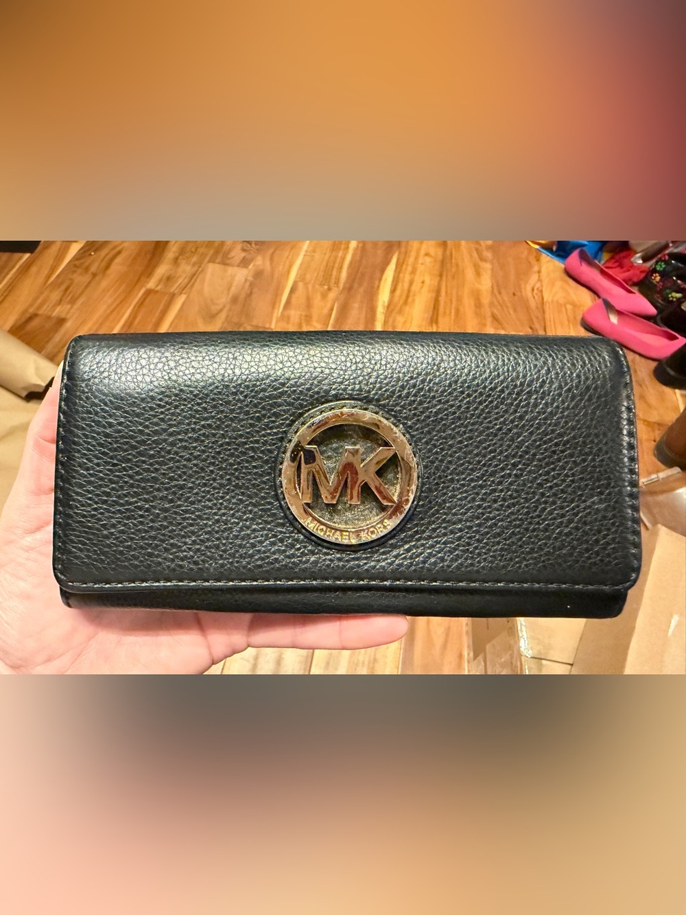 Michael Kors Black Pebbled Leather Wallet with Gold MK Emblem